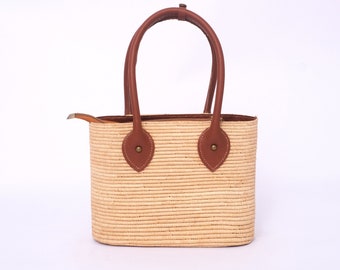 Handmade Raffia Tote Bag: Woven Straw Purse with Leather Handles