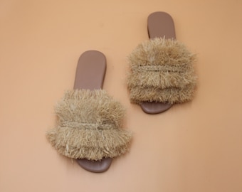 Women's Shoes-Raffia sandals-Flat sandals-Handmade Sandals-Open toe Sandals-Raffia Slide-Birthday Gift