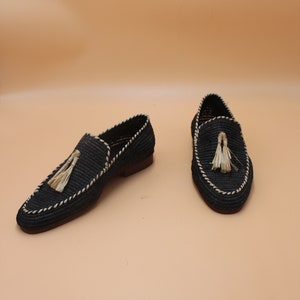 Handcrafted Men's Raffia Loafers - Eco-Friendly Natural Fiber Slip-On Shoes - Sustainable Artisanal Footwear - Elegant Black with Cream Accents