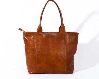 Handmade Moroccan Leather Tote Bag: Minimalist Zippered Shoulder Bag