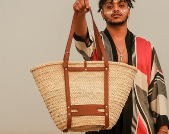 Handcrafted Boho Woven Tote Bag: Large Straw Beach Bag with Leather Straps