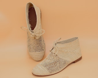 Zapatos Oxford de rafia hechos a mano - Planos con cordones de fibra natural para mujer - Moda transpirable y ecológica
