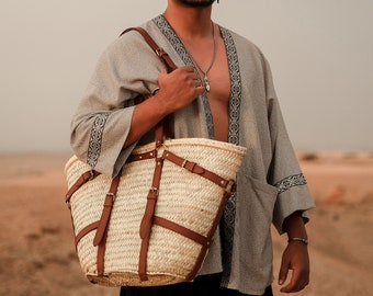 Sac fourre-tout en paille marocain fait main : lanières en cuir, sac de marché français