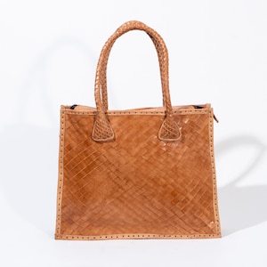 Woven Leather Tote Bag, Lightweight Genuine Leather Handbag, Brown Shoulder Bag, Crossbody Leather Purse, Tanned Leather Bag