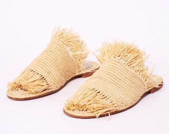 Handmade Raffia Sandals: Bohemian Leather Sole Slides