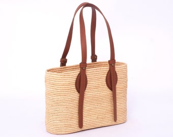 Handcrafted Raffia Tote Bag: Beige Woven Handbag with Leather Handles