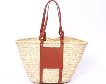 Sac fourre-tout en paille bohème fait main : sac de plage tissé marocain avec lanières en cuir