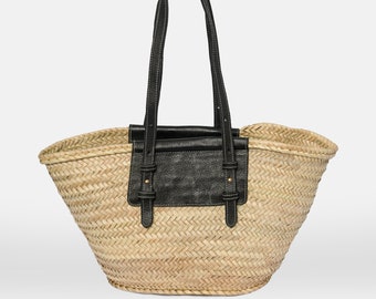 Handmade Moroccan Straw Tote Bag: Beach Basket with Leather Straps