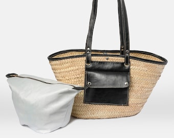 Chic Straw Tote Bag with Leather Straps and Pocket, Versatile Summer Beach Handbag with Inner Pouch