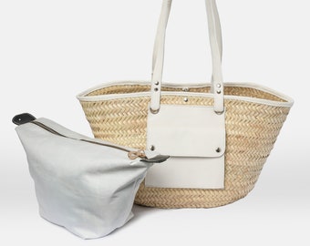 Chic Straw Tote Bag with Leather Straps and Pocket, Versatile Summer Beach Handbag with Inner Pouch