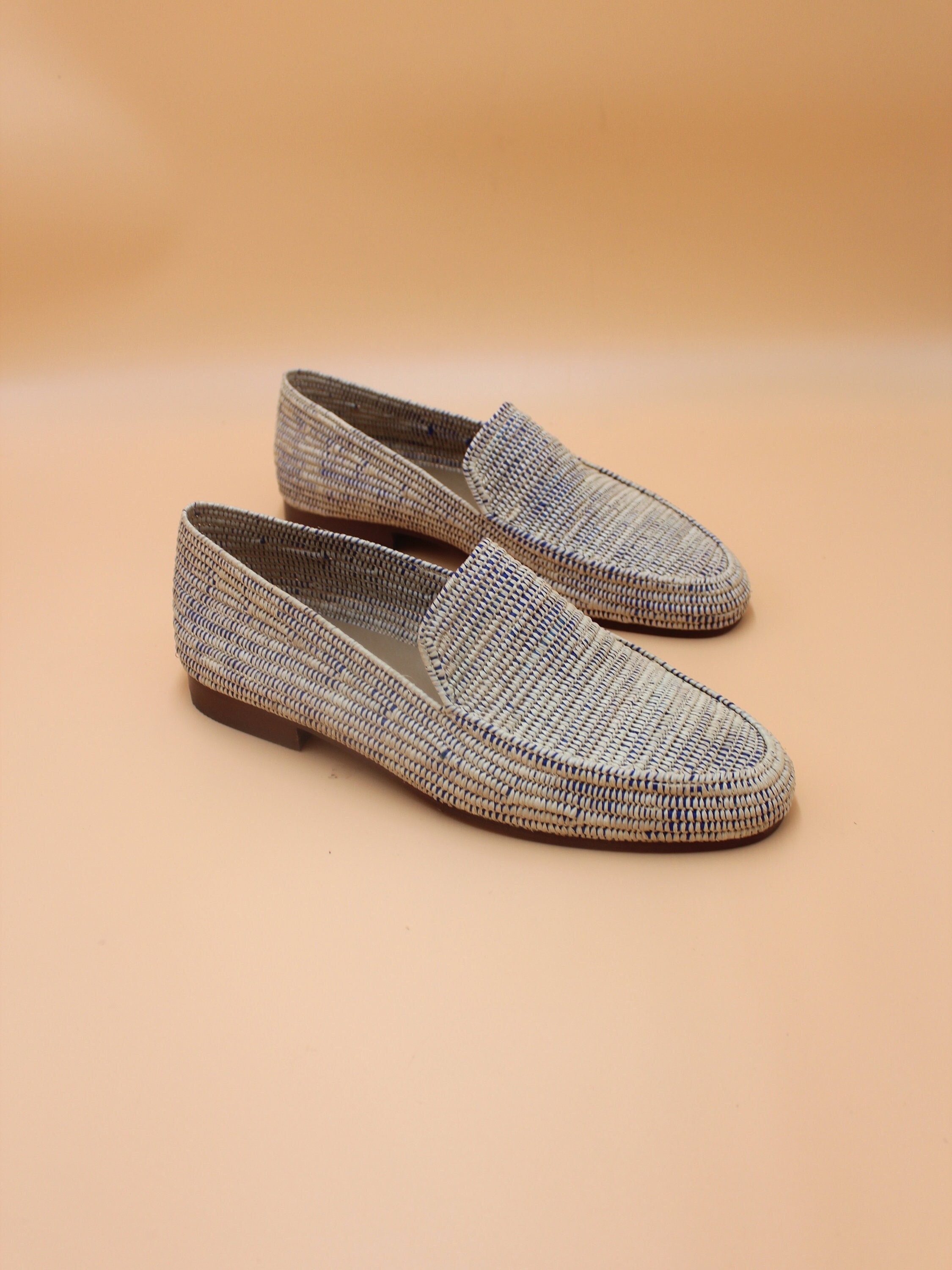 Handwoven Natural and Blue Raffia Loafers for Men | Moroccan 
