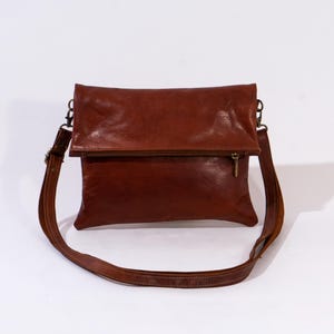 Handmade Brown Leather Crossbody Bag, Minimal Foldover Clutch Purse for Women with Back Zipper and Magnetic Closure