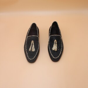 Handcrafted Men's Raffia Loafers - Eco-Friendly Natural Fiber Slip-On Shoes - Sustainable Artisanal Footwear - Elegant Black with Cream Accents