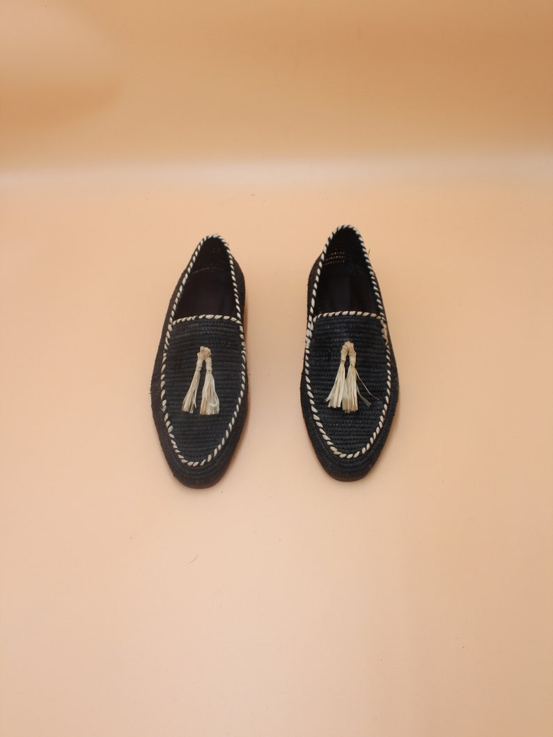 Handcrafted Men's Raffia Loafers - Eco-Friendly Natural Fiber Slip-On Shoes - Sustainable Artisanal Footwear - Elegant Black with Cream Accents