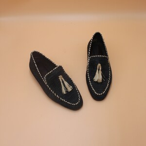 Handcrafted Men's Raffia Loafers - Eco-Friendly Natural Fiber Slip-On Shoes - Sustainable Artisanal Footwear - Elegant Black with Cream Accents