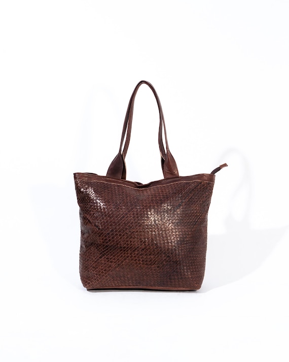 Handmade Woven Leather Tote Bag: Large Brown Shoulder Purse