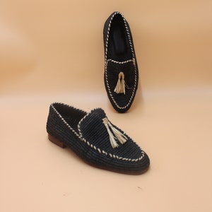 Handcrafted Men's Raffia Loafers - Eco-Friendly Natural Fiber Slip-On Shoes - Sustainable Artisanal Footwear - Elegant Black with Cream Accents