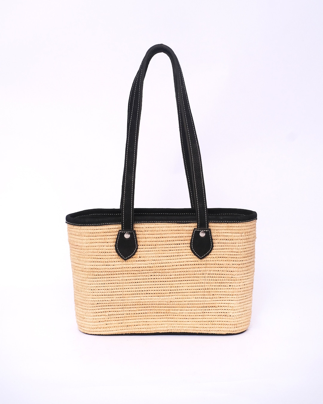 Handwoven Raffia Tote Bag: Vegan Leather Handles, Moroccan Straw Purse ...