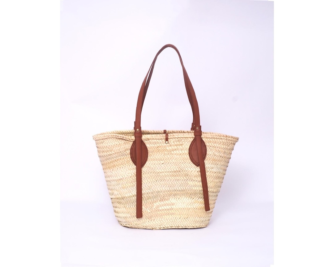 Handwoven Moroccan Straw Tote: XL Raffia Shopper With Vegan Leather ...
