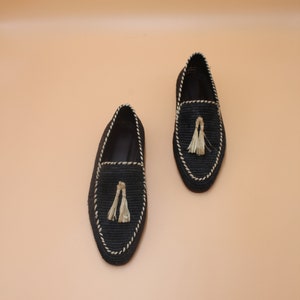 Handcrafted Men's Raffia Loafers - Eco-Friendly Natural Fiber Slip-On Shoes - Sustainable Artisanal Footwear - Elegant Black with Cream Accents