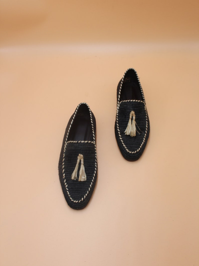 Handcrafted Men's Raffia Loafers - Eco-Friendly Natural Fiber Slip-On Shoes - Sustainable Artisanal Footwear - Elegant Black with Cream Accents