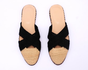 Handcrafted Raffia Mules: Moroccan Woven Leather Slides