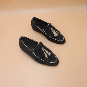 Handcrafted Men's Raffia Loafers - Eco-Friendly Natural Fiber Slip-On Shoes - Sustainable Artisanal Footwear - Elegant Black with Cream Accents