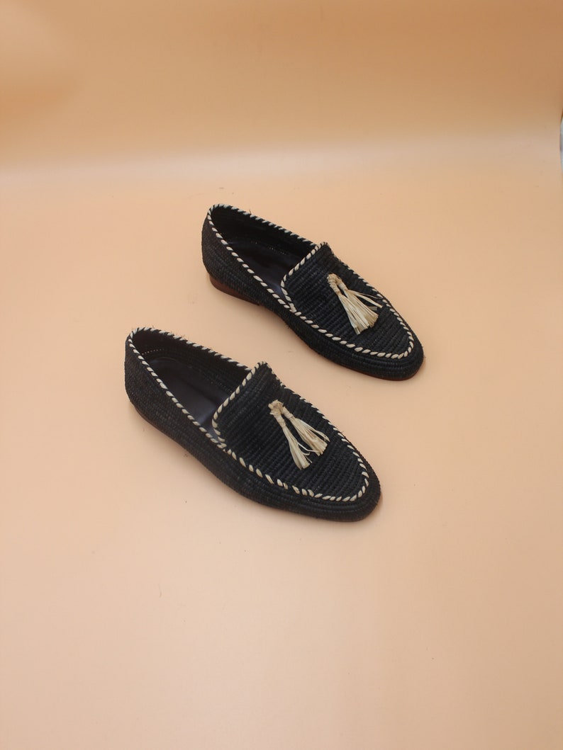 Handcrafted Men's Raffia Loafers - Eco-Friendly Natural Fiber Slip-On Shoes - Sustainable Artisanal Footwear - Elegant Black with Cream Accents