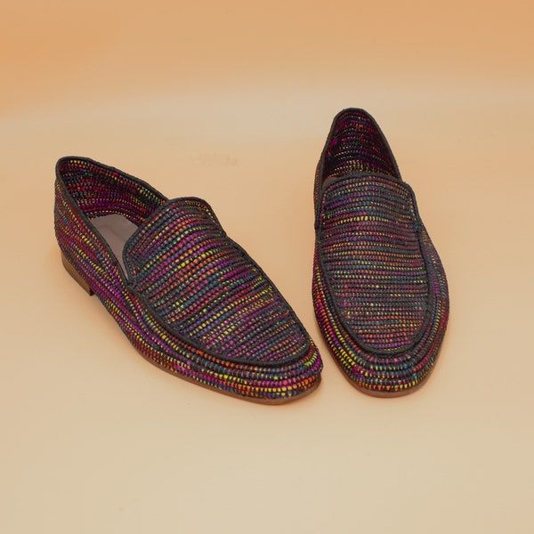 Men's Raffia Multicolor Woven Loafers - Vibrant Handmade Raffia Shoes - Unique Bohemian Slip-On - Comfortable and Stylish Artisan Footwear