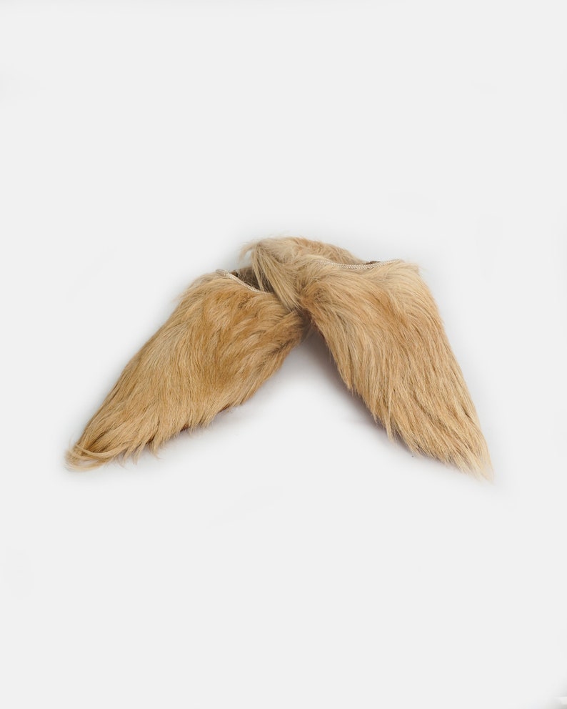 Puede incluir: Un par de pantuflas de piel marr&oacute;n con dedos puntiagudos. Las pantuflas est&aacute;n hechas de piel suave y esponjosa y son perfectas para mantener los pies calientes en invierno.