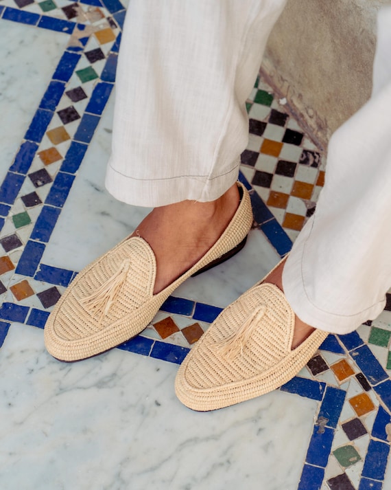 Handcrafted Raffia Tassel Loafers for Men: Summer Slip-On Shoes