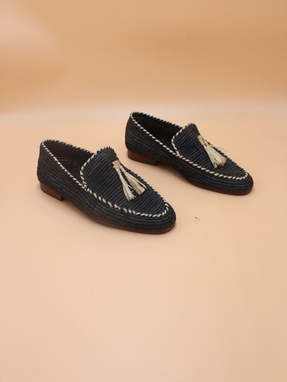 Handmade Raffia Men's Loafers: Black Cream Slip-Ons