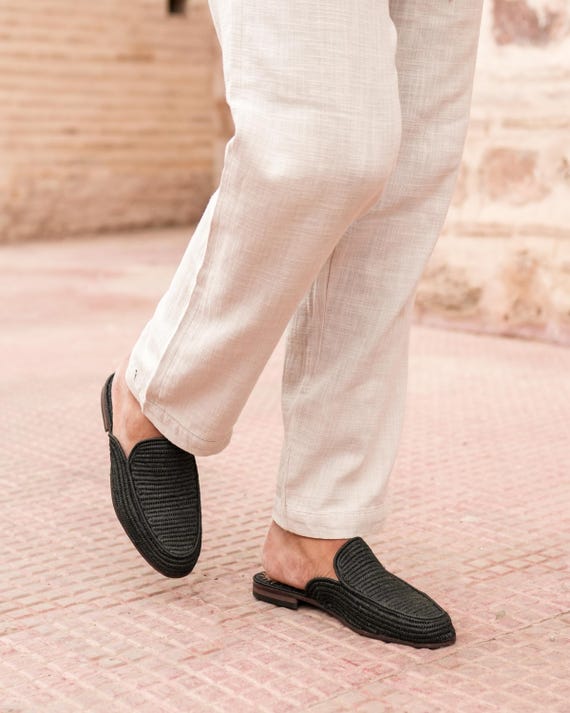 Handmade Raffia Mules: Men's Moroccan Slip-On Shoes