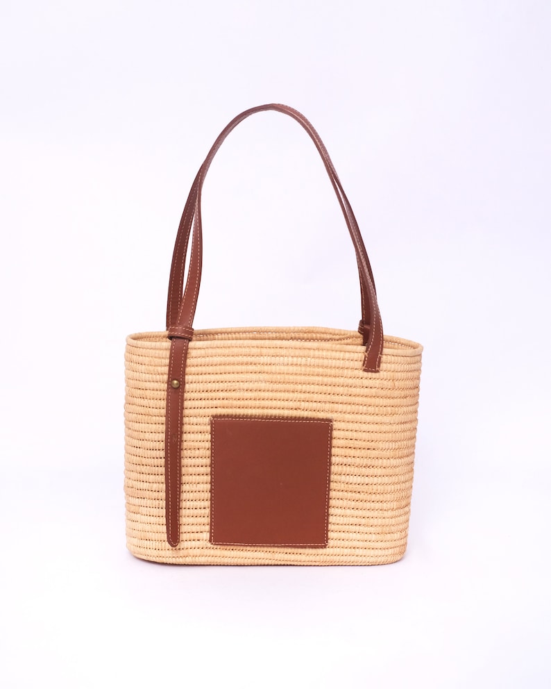 Raffia Handbag with Brown Leather Handels | Classic Woven Raffia Tote with Handles | Stylish Boho Chic Purse | Versatile Everyday Bag | Unique  Gift for Her