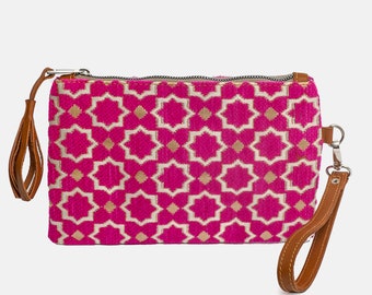 Woven Wool Clutch Bag: Pink Floral Purse with Leather Wristlet