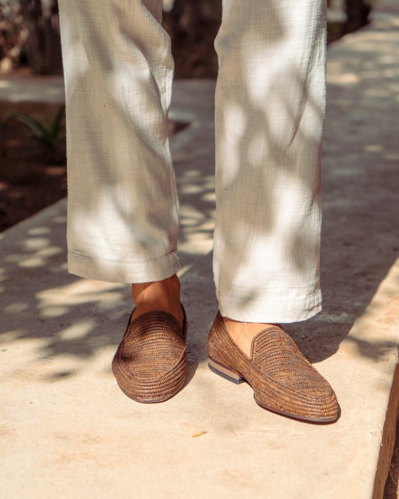 Handmade Men's Raffia Loafers - Natural Fiber Slip-On Shoes | Eco-Friendly Footwear