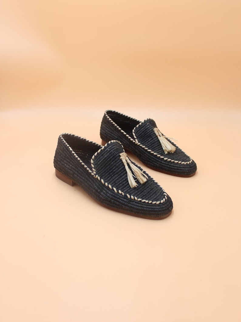 Handcrafted Men's Raffia Loafers - Eco-Friendly Natural Fiber Slip-On Shoes - Sustainable Artisanal Footwear - Elegant Black with Cream Accents