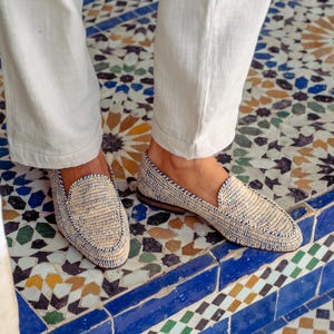 Handwoven Natural and Blue Raffia Loafers for Men | Moroccan Artisan Shoes | Eco-Friendly Slip-On Footwear