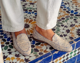 Mocassins de ráfia natural e azul tecidos à mão para homens | Sapatos artesanais marroquinos | Calçados ecológicos sem cadarço