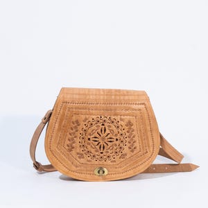 Handmade Genuine Leather Crossbody Bag with Floral Cutout Design, Boho Chic Adjustable Strap Shoulder Bag for Women, Vintage Saddle Purse