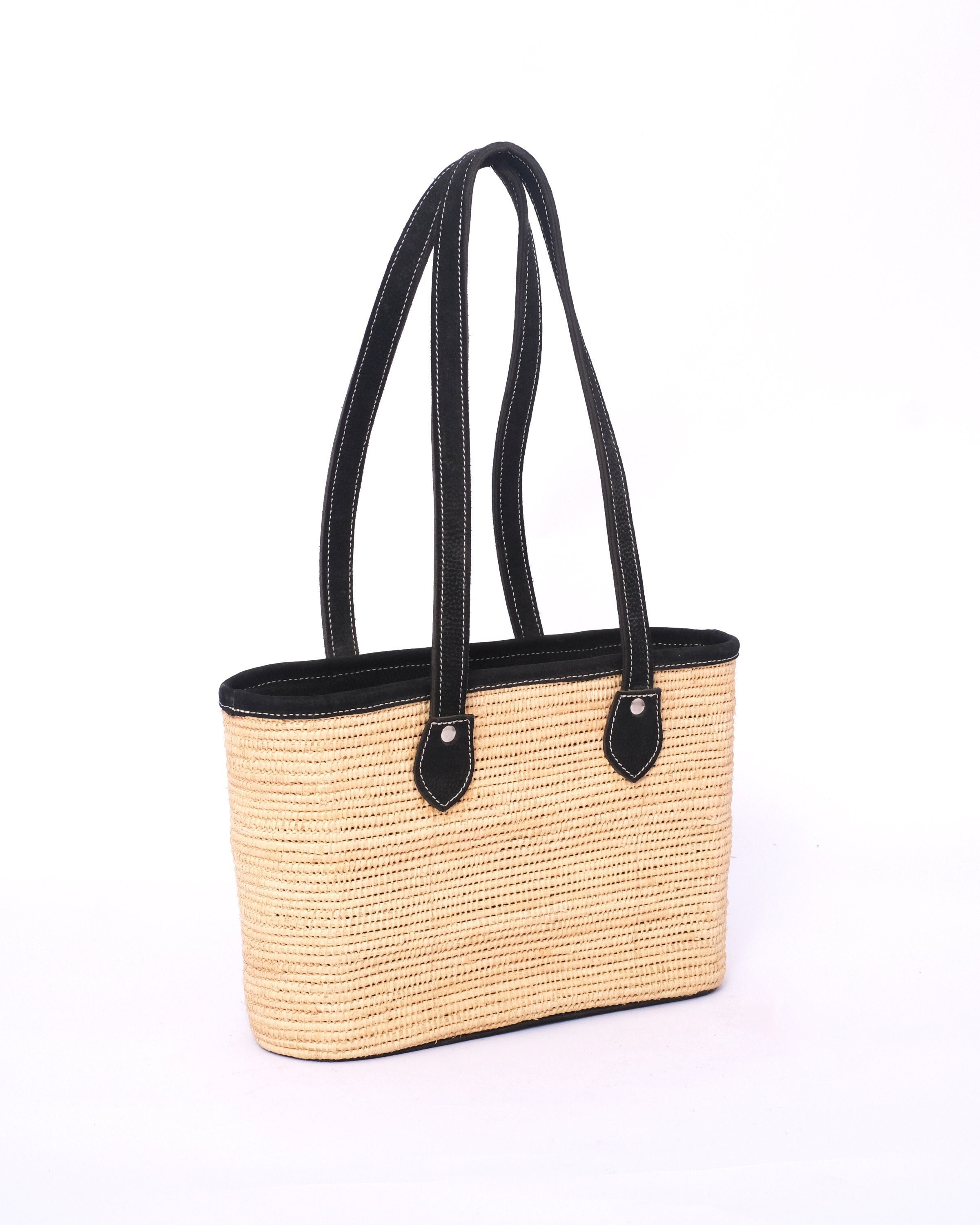 Handwoven Raffia Tote Bag: Vegan Leather Handles, Moroccan Straw Purse ...