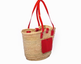 Handmade French Basket with Red Accents, Summer Market Carryall