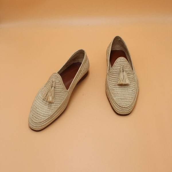 Beige Raffia Tassel Loafers for Men - Handcrafted Raffia Slip-On Shoes - Elegant Natural RaffiaFiber  Footwear - Versatile Summer Shoe