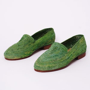 Handcrafted Raffia Slip-On Shoes - Olive Green Eco-Friendly Loafers - Artisanal Sustainable Natural Fiber Footwear - Unisex Summer Flats