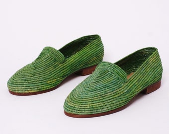 Handcrafted Raffia Loafers: Olive Green Sustainable Summer Shoes