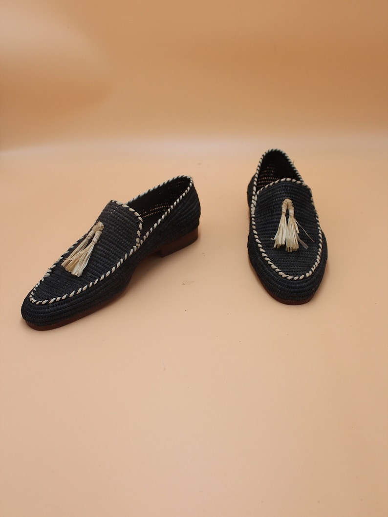 Handcrafted Men's Raffia Loafers - Eco-Friendly Natural Fiber Slip-On Shoes - Sustainable Artisanal Footwear - Elegant Black with Cream Accents