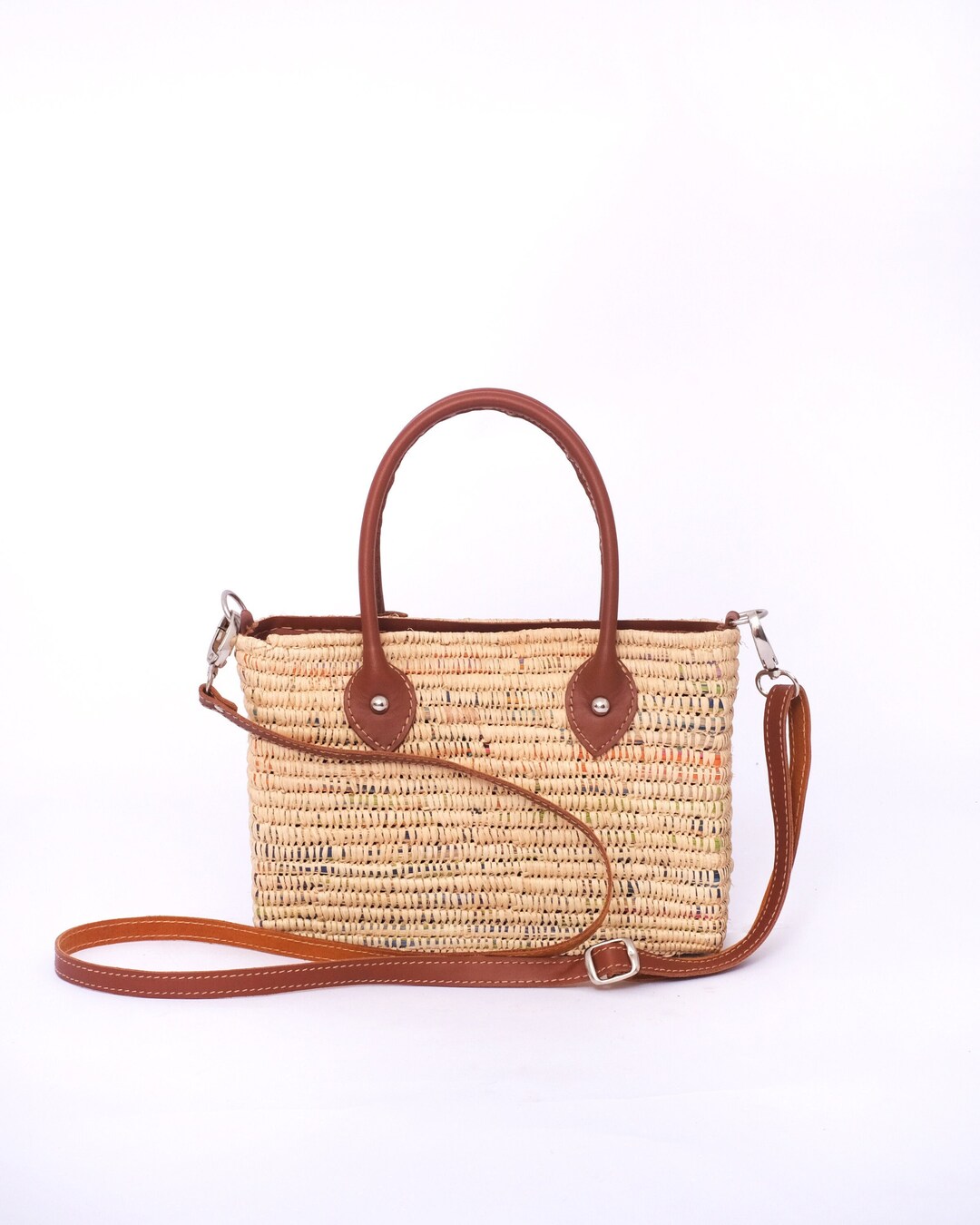 Handmade Raffia Bag With Vegan Leather Accents: Moroccan Woven Handbag ...