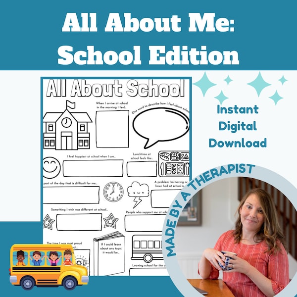 All About Me School Student Edition, Printable Therapy Worksheet, Child Counseling Activity Coloring Play Therapy School Guidance