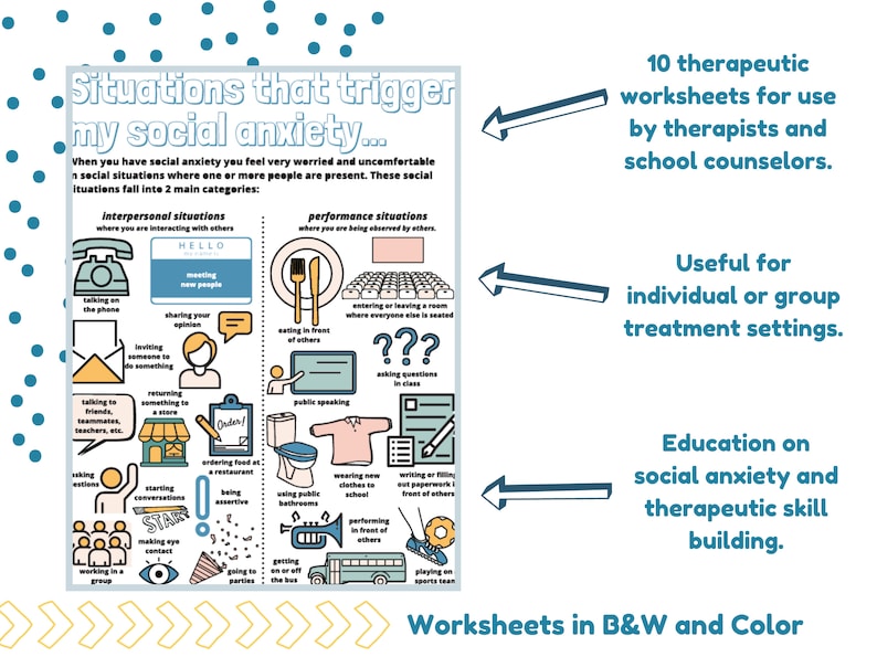 Peut inclure: Un infographique color&eacute; avec des illustrations repr&eacute;sentant des situations qui d&eacute;clenchent l'anxi&eacute;t&eacute; sociale. L'infographique est divis&eacute; en deux cat&eacute;gories : les situations interpersonnelles et les situations de performance. L'infographique comprend du texte qui dit "Situations qui d&eacute;clenchent mon anxi&eacute;t&eacute; sociale..." et "10 feuilles de travail th&eacute;rapeutiques &agrave; utiliser par les th&eacute;rapeutes et les conseillers scolaires."