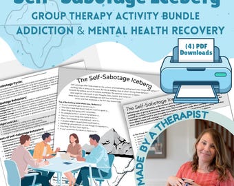 Könnte beinhalten: Ein Bündel von Gruppentherapie-Aktivitäten für Sucht und psychische Gesundheit. Das Bild zeigt gedruckte Arbeitsblätter, eine Grafik eines Druckers und den Text "Self-Sabotage Iceberg" und "Made by a Therapist."